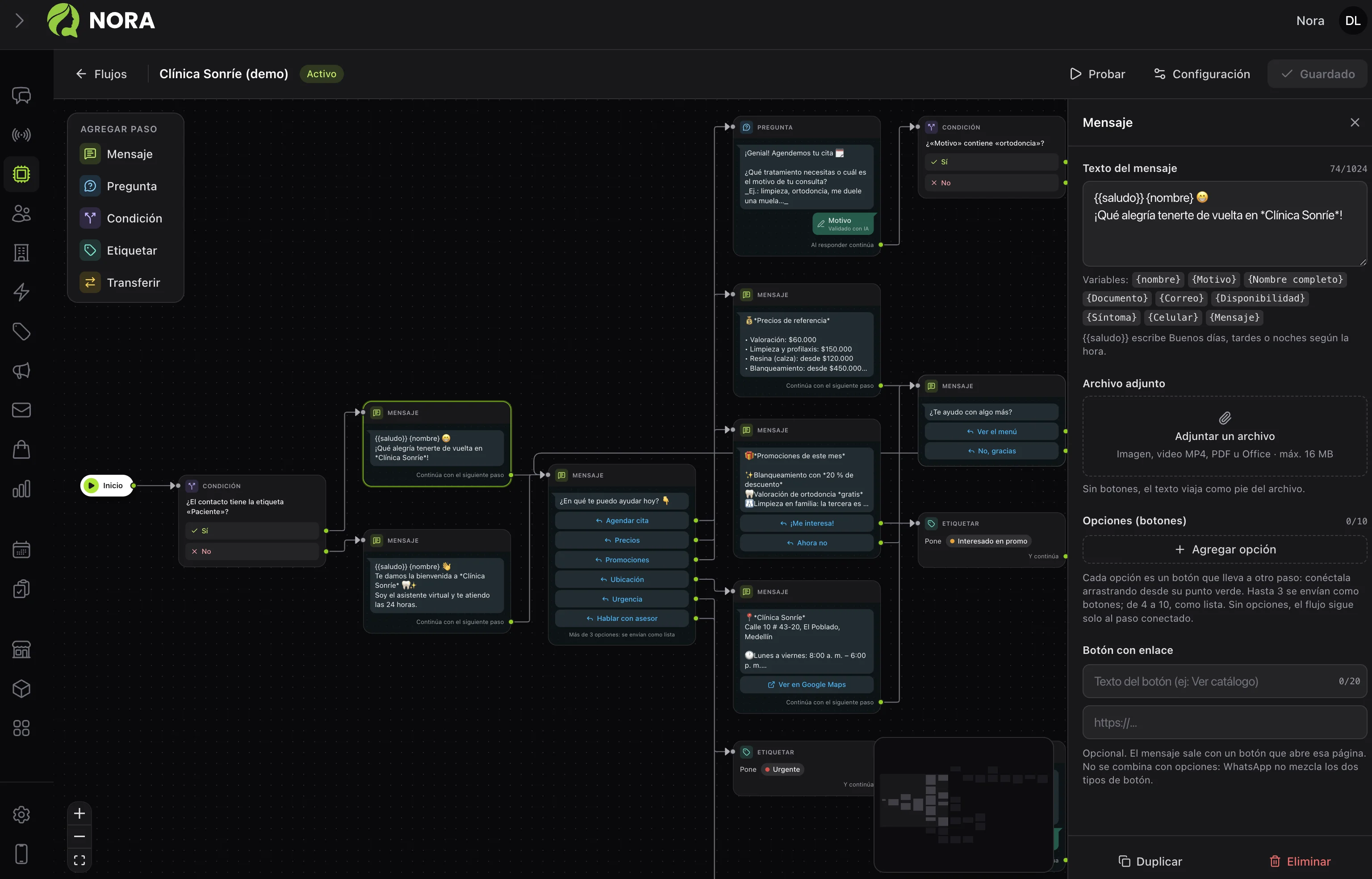 Editor visual de flujos de Nora: pasos de mensaje, pregunta y condición conectados en un lienzo