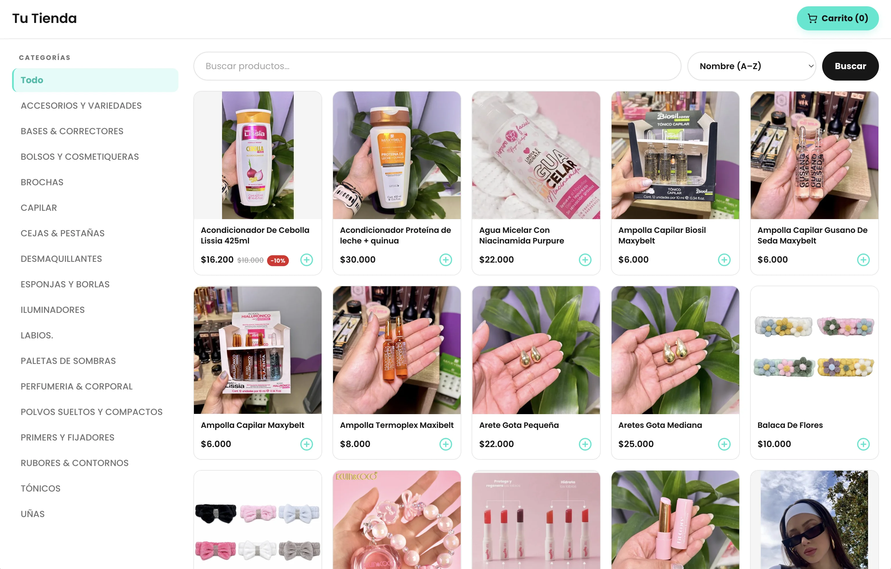 Tienda web de un catálogo de Nora: categorías, buscador y productos con precio